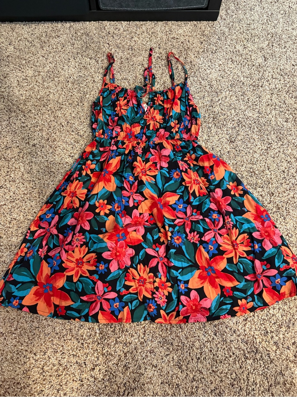 Roxy Black Sundress with Orange, Pink & Teal Floral Print